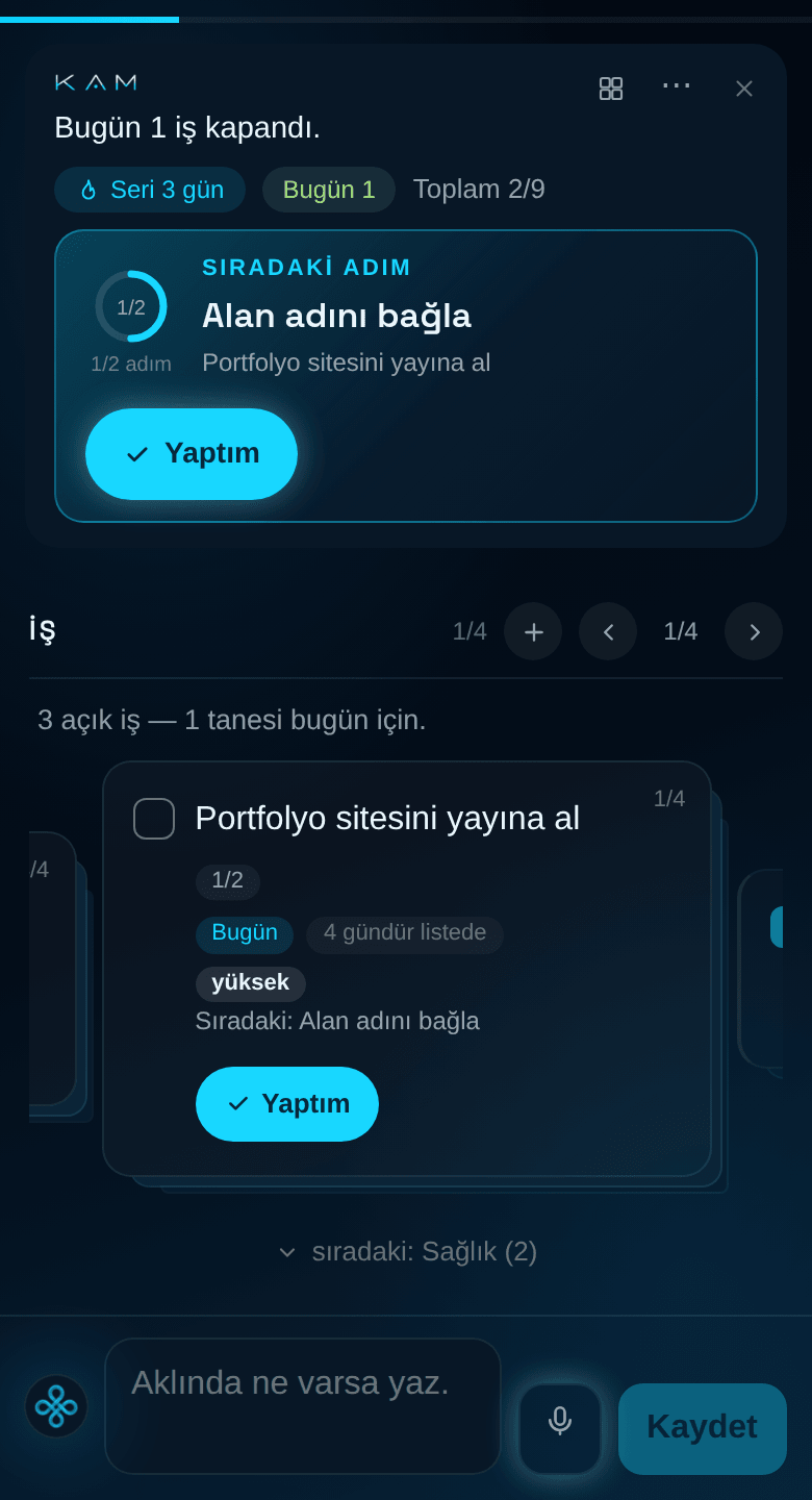 KAM paneli: KAM'ın karşılama şeridi, sıradaki adım kartı ve alanlara dizilmiş görevler